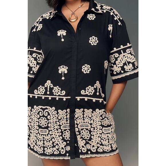 MAEVE Short Sleeve Collared Mini Shirt Dress Black Embroidered Casual Women's XS - Picture 5 of 15